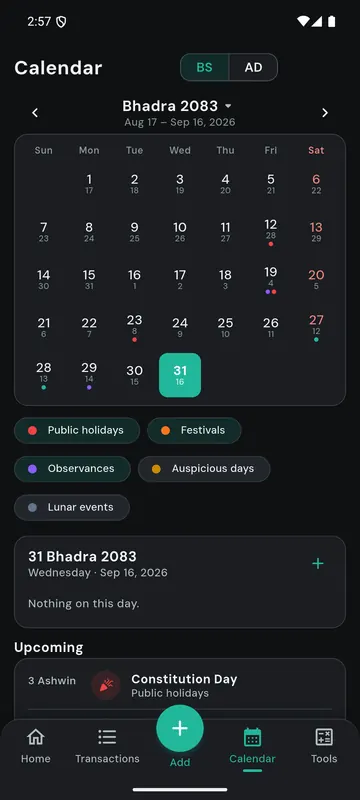Calendar in the dark theme
