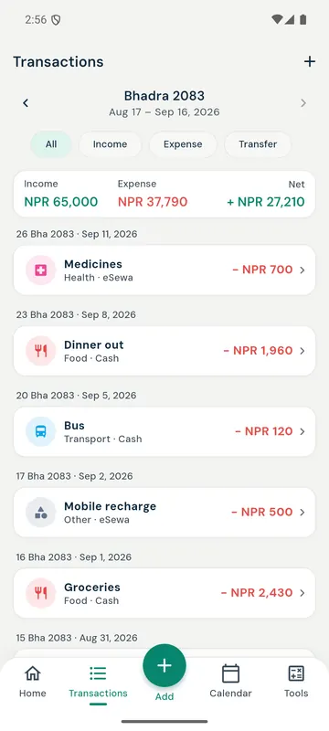 Income and expenses, day by day